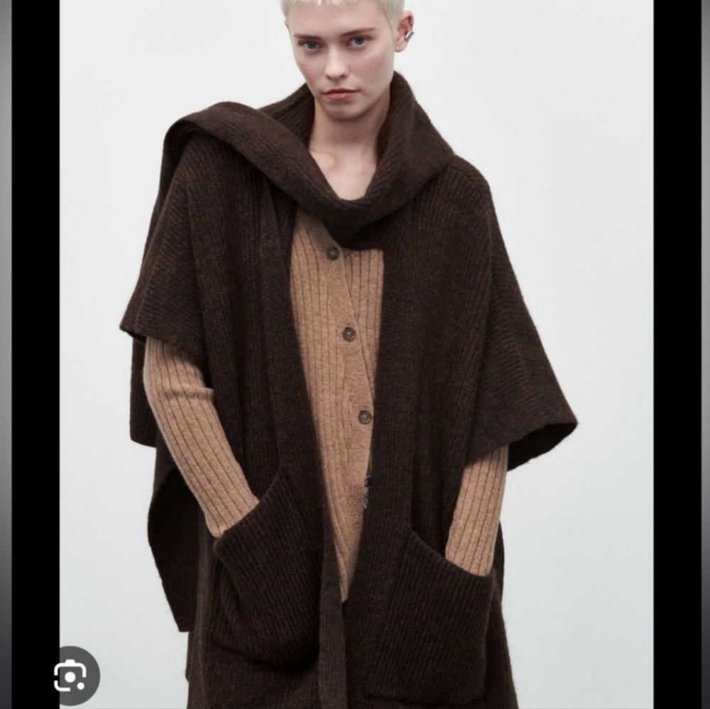 Zara Chunky Knit Oversized Cape Cardigan With Draped Neck Scarf